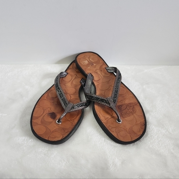 COACH Laurel Leather Silver Gray Bugle Beaded Flip Flop Sandals Size 8 - Picture 1 of 16